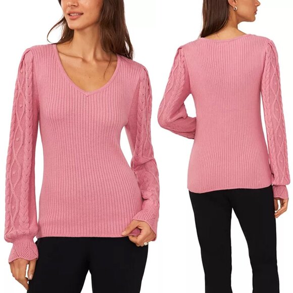 CeCe Women's S V-Neck Cable Knit Sleeves Sweater Ribbed Mauve Pink Romantic $89 - Picture 1 of 16